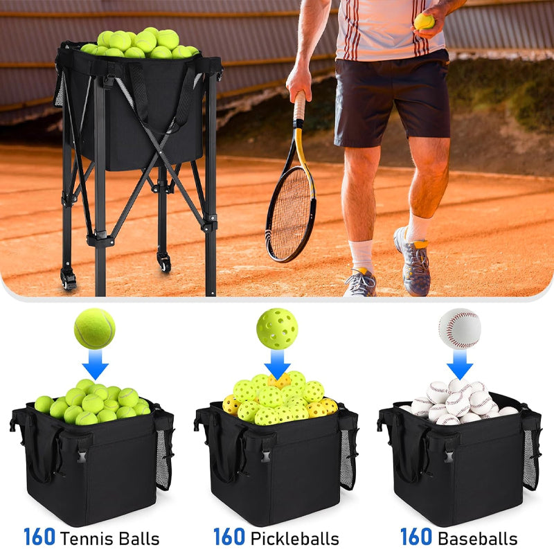 Foldable Tennis Ball Cart Holds 160 Tennis Balls Tennis Ball Hopper Portable Basket Cart with Wheels