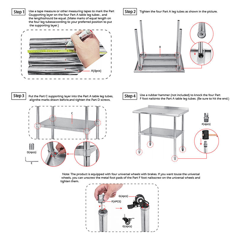 Stainless Steel Preparation Counter, Double Kitchen Countertop, Catering Equipment, Round Foot Adjustment Worktop