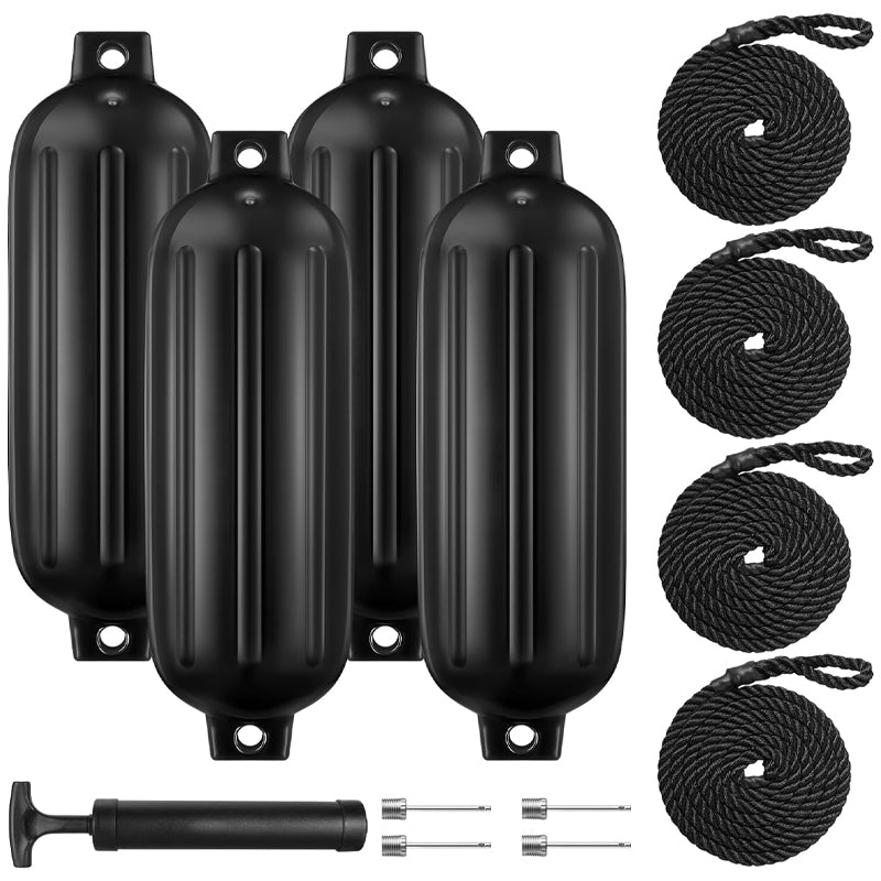 8.5" X 27" Boat Fenders 4pcs Bumper Dock Shield Protection with Ropes and Pump to Inflate