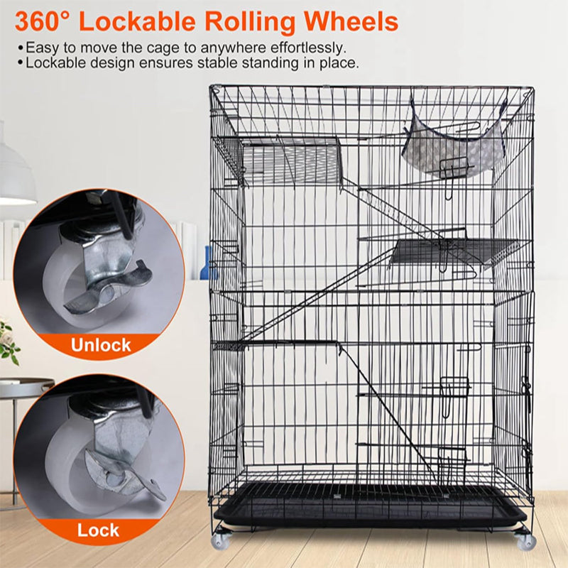 4-Tier Cat Cage 35.43 x 23.62 x 53.15 inch with 360° Lockable Wheels 3 Doors 3 Ladders Hammock