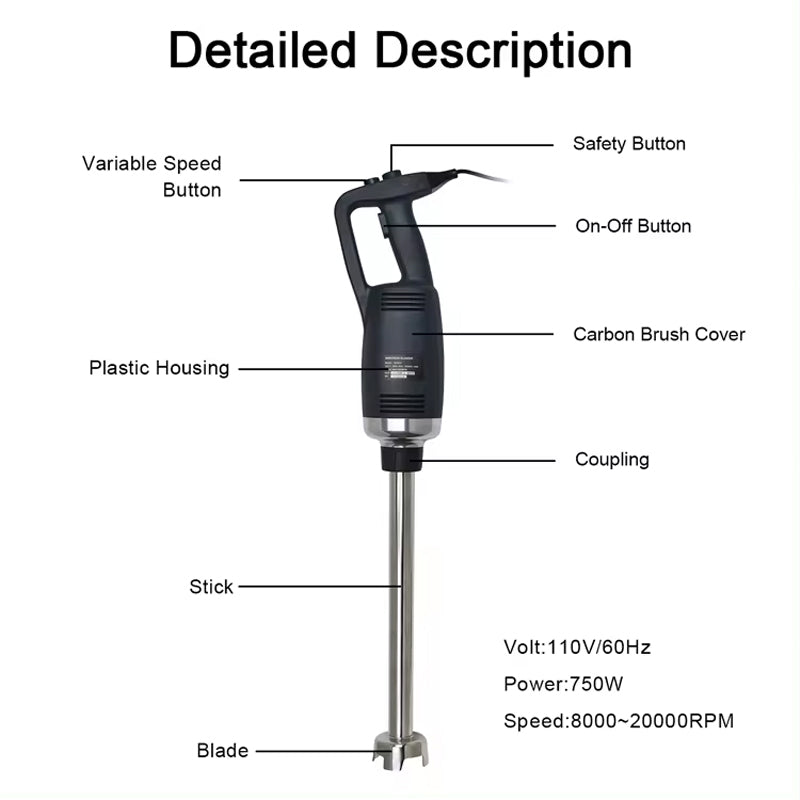 750W 12Inch Commercial Immersion Blender Variable Speed Kitchen Stick Mixer
