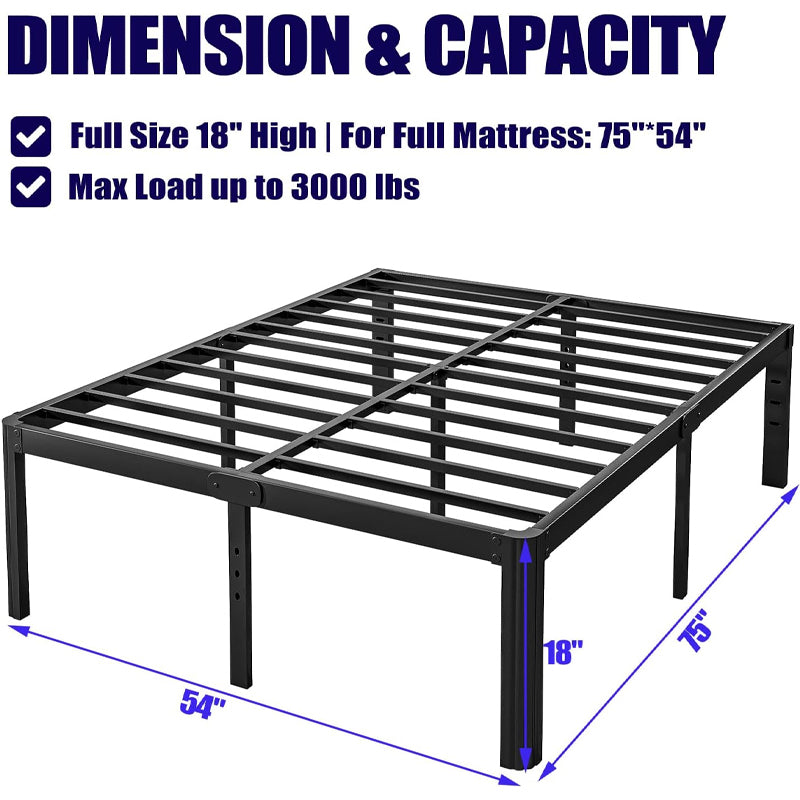 18 Inch Full Bed Frame 3000 lbs Loading Capacity Heavy Duty Metal Platform Noise Free Bed Frame