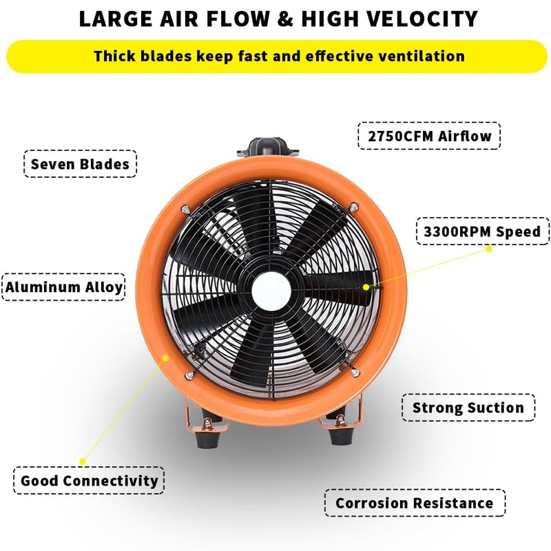 Utility Blower Fan 12 Inch with 16 ft Duct Hose Low Noise 550W High Velocity Ventilator for Home/Workplace