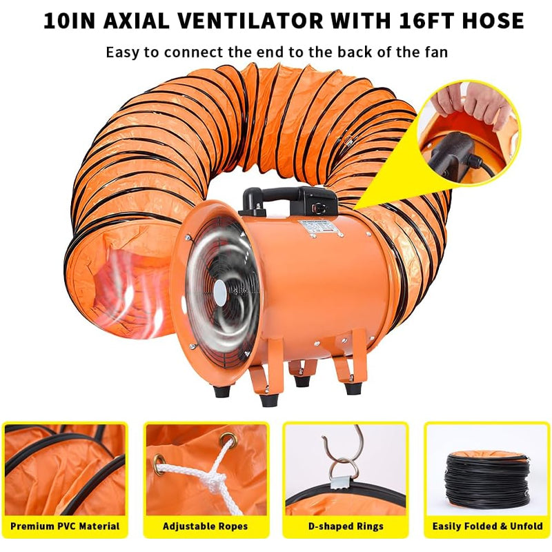 10 Inch Utility Blower Fan with 16 ft Duct Hose 350W 2750 CFM High Velocity Ventilator for Home and Job Site