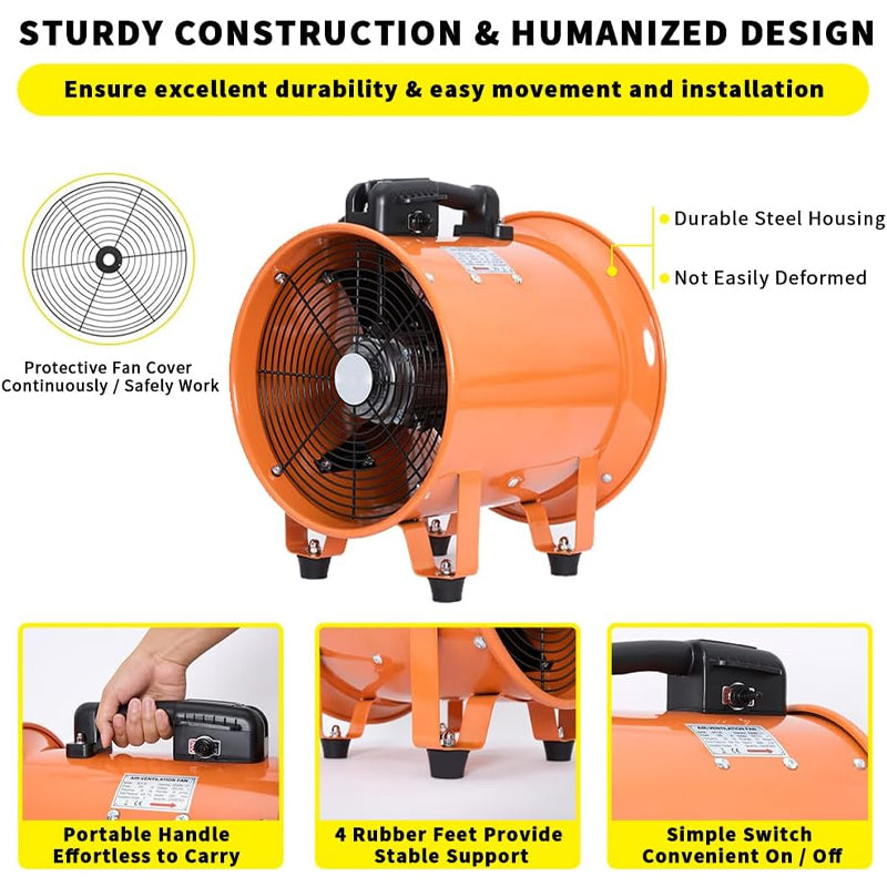 10 Inch Utility Blower Fan with 16 ft Duct Hose 350W 2750 CFM High Velocity Ventilator for Home and Job Site