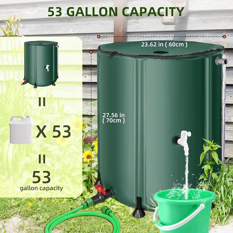 53 Gallon Rain Barrel Portable Water Storage Tank with Filter Two Spigots and Overflow Kit