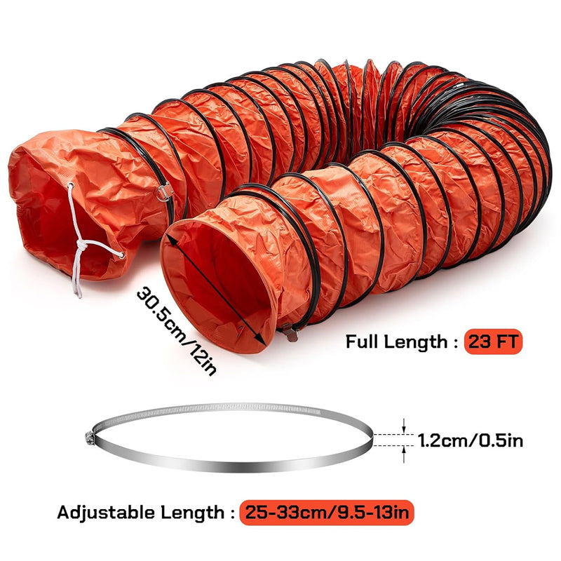 25 ft Duct Hosing 12 Inch PVC Flexible Ducting Hose with Stainless Steel Air Ducting Clamps