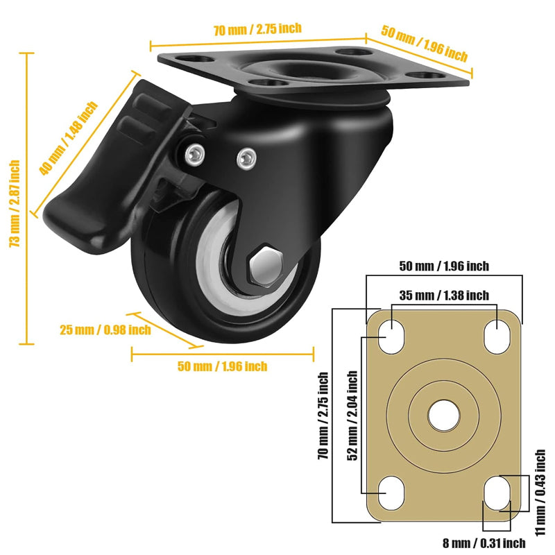2" Caster Wheels Set of 4 Heavy Duty Plate Casters Polyurethane Silent Locking Casters