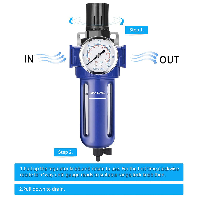 1/2" NPT Air Filter Regulator 5μm Compressor Air Dryer Zinc Alloy Pressure Regulator with Brass Element