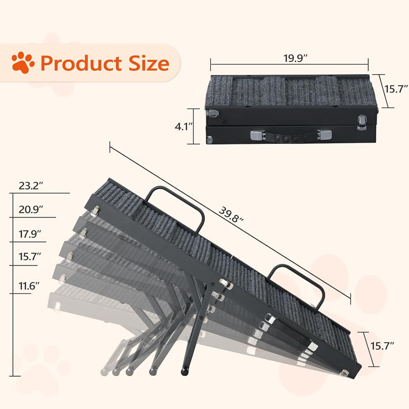 Dog Ramp 39.8" Long Folding Pet Ramp 5 Adjustable Height from 11.6" to 23.2" Folding Pet Ramp for Bed