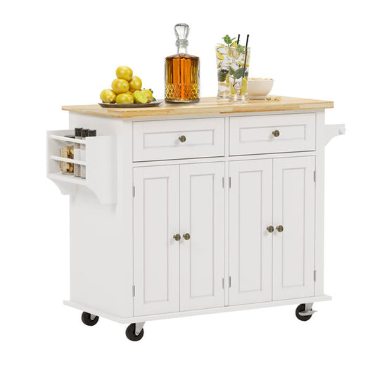 Movable Kitchen Island Cart With Solid Wood Countertops, With Storage Cabinets, Rolling Kitchen Table With Spice Rack, Towel Rack And Drawers