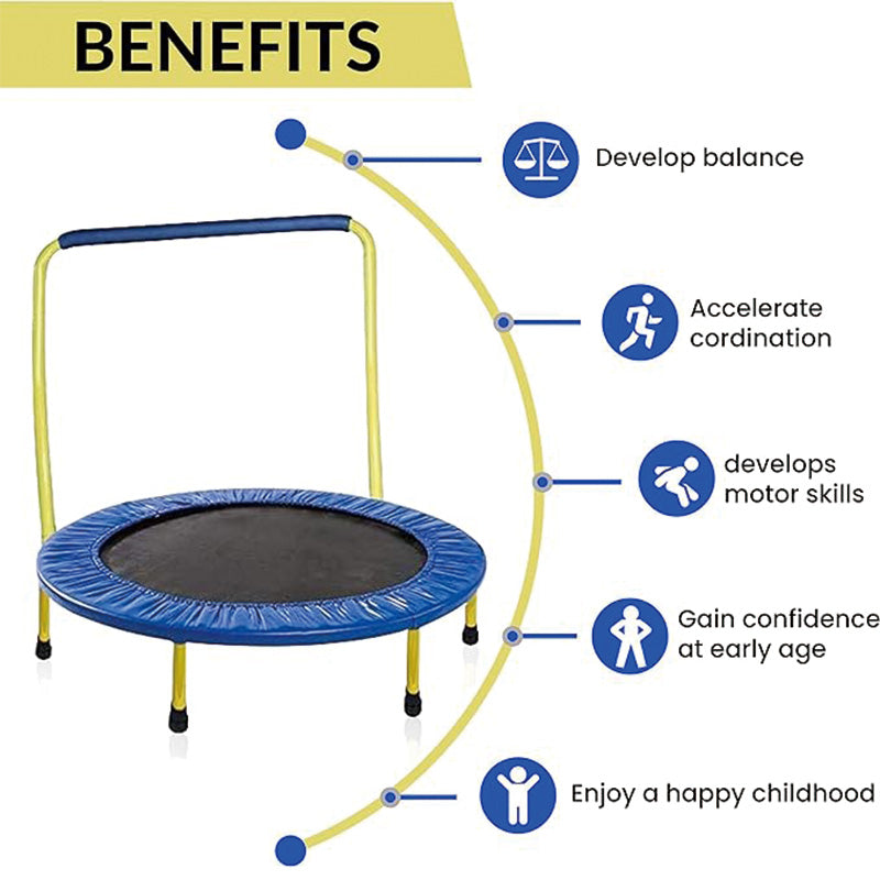 Kids Trampoline Portable & Foldable 36 Inch Round Jumping Mat for Toddler Durable Steel Metal Construction Frame with Padded Frame Cover and Handle Bar