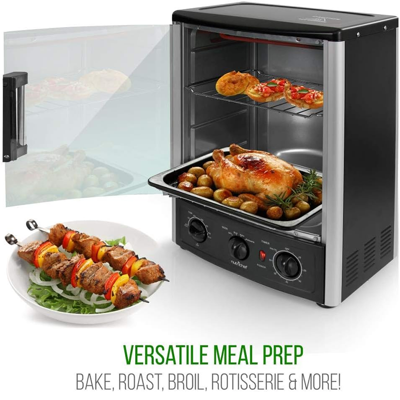 Nutrichef Upgraded Multi-Function Rotisserie Oven - Vertical Countertop Oven with Bake, Turkey Thanksgiving, Broil Roasting Kebab Rack with Adjustable Settings, 2 Shelves 1500 Watt