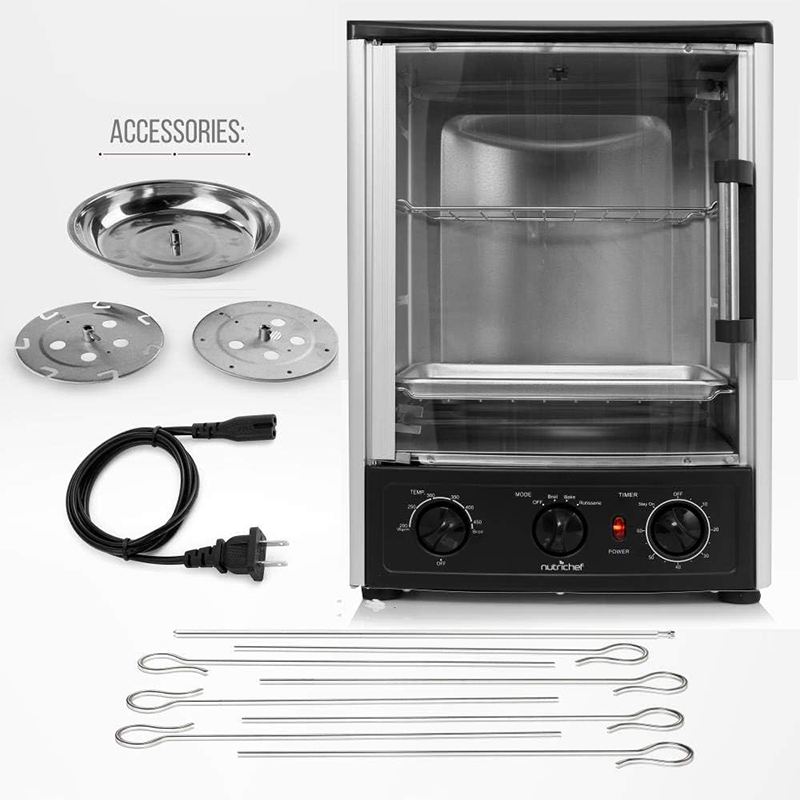 Nutrichef Upgraded Multi-Function Rotisserie Oven - Vertical Countertop Oven with Bake, Turkey Thanksgiving, Broil Roasting Kebab Rack with Adjustable Settings, 2 Shelves 1500 Watt