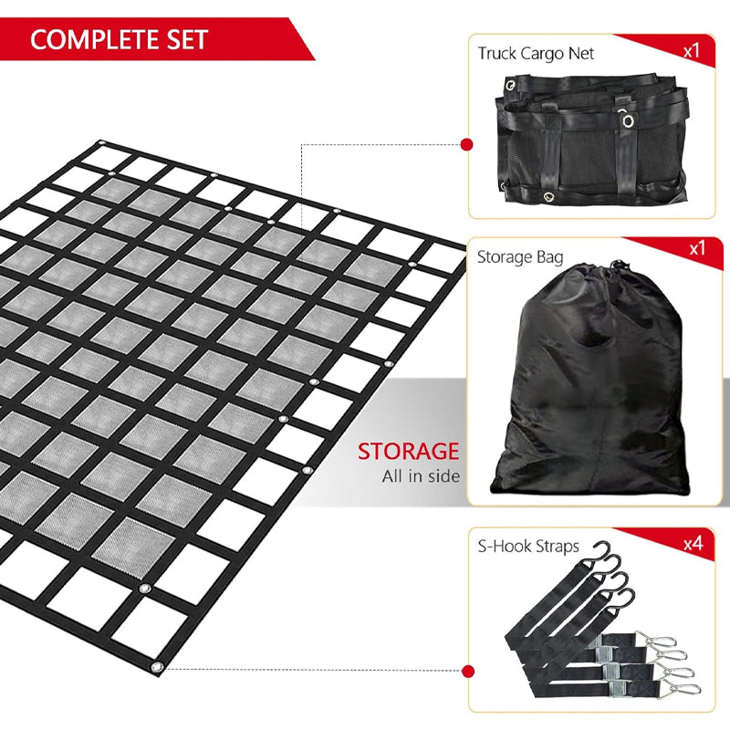 72" x 57" Cargo Net 1100 lbs Capacity Truck Bed Cargo Net with Adjustable Cam Buckles & S-Hooks