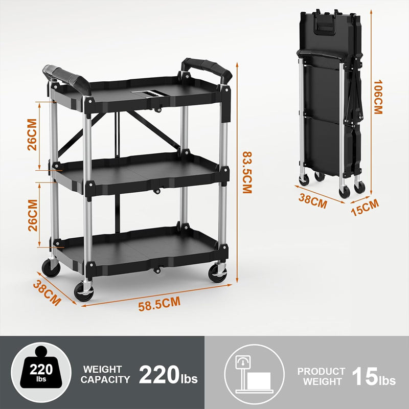 3 Tier Foldable Service Carts 220 LBS Folding Utility Rolling Tool Cart with Wheels for Home Commercial Garage Office
