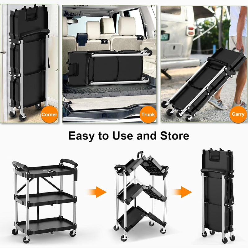 3 Tier Foldable Service Carts 220 LBS Folding Utility Rolling Tool Cart with Wheels for Home Commercial Garage Office