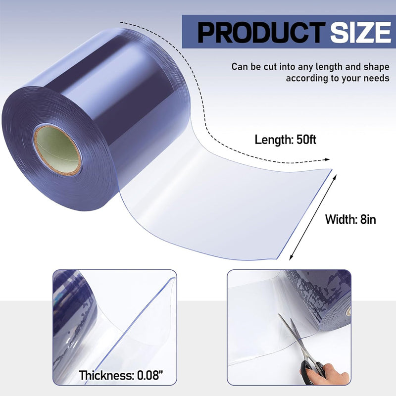 PVC Strip Curtain 50 ft Length x 8" Width x 0.08" Thickness Waterproof Clear Freezer Curtain