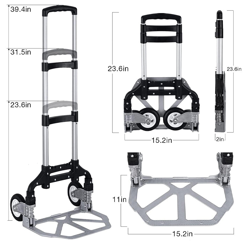 Folding Hand Truck 175 lbs Capacity Aluminum Trolley Cart with Telescoping Handle and Rubber Wheels