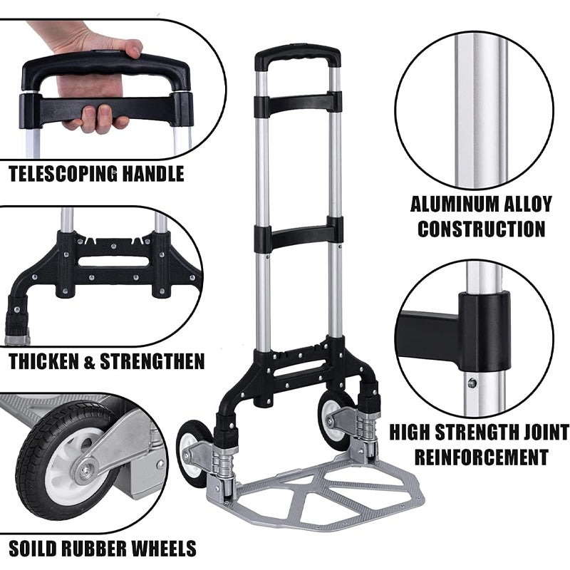 Folding Hand Truck 175 lbs Capacity Aluminum Trolley Cart with Telescoping Handle and Rubber Wheels
