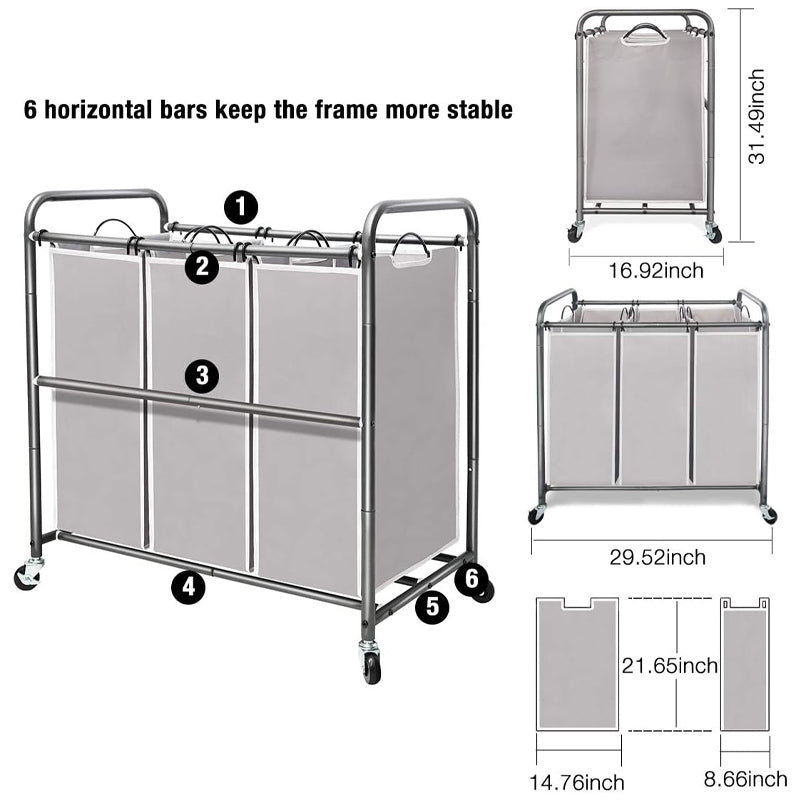 3 Section Laundry Sorter Laundry Hamper Cart Rolling Lockable Wheels Removable Bags Laundry Basket