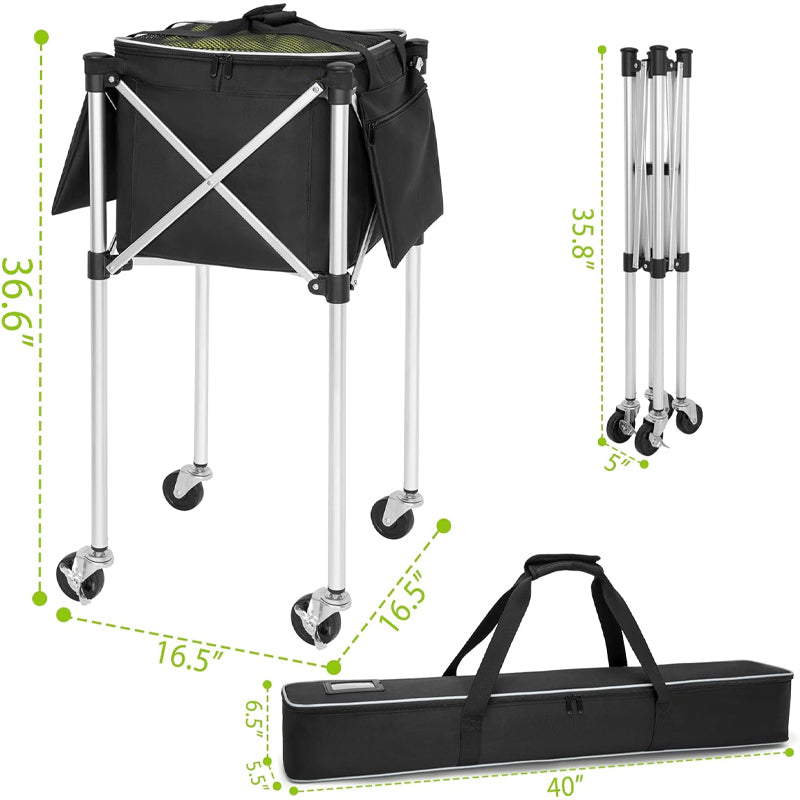 Foldable Tennis Cart Holds 180 Tennis Balls Auminum Alloy Sports Teaching Cart with Storage Bag