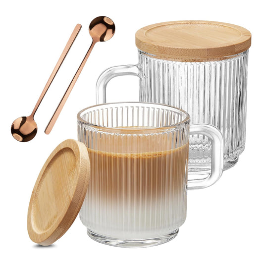 Glass Coffee Mugs with Handle and Spoon 350ml Coffee Glass with Bamboo Lid for Hot/Cold Beverages