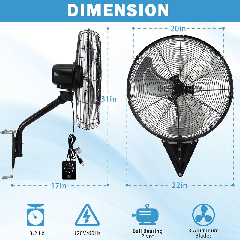 20 Inch Wall Mount Fan 3-speeds High Velocity Max. 4650 CFM Commercial Wall Fan for Warehouse Factory Workshop