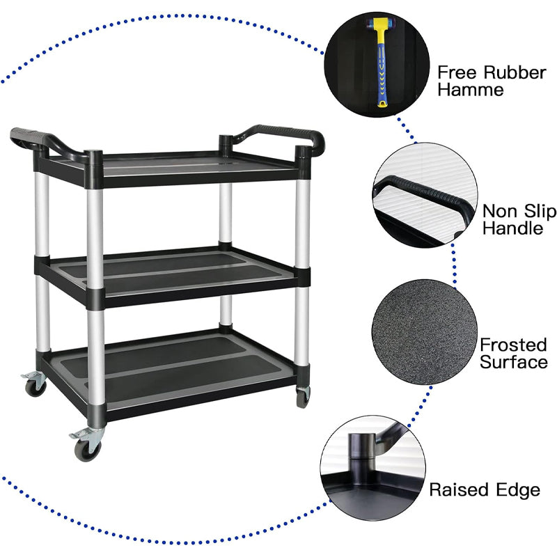 3-Tier Plastic Utility Cart 420 lbs Utility Service Cart with Lockable Wheels for Warehouse Kitchen