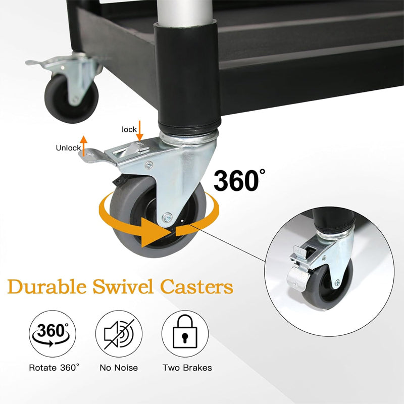 3-Tier Plastic Utility Cart 420 lbs Utility Service Cart with Lockable Wheels for Warehouse Kitchen