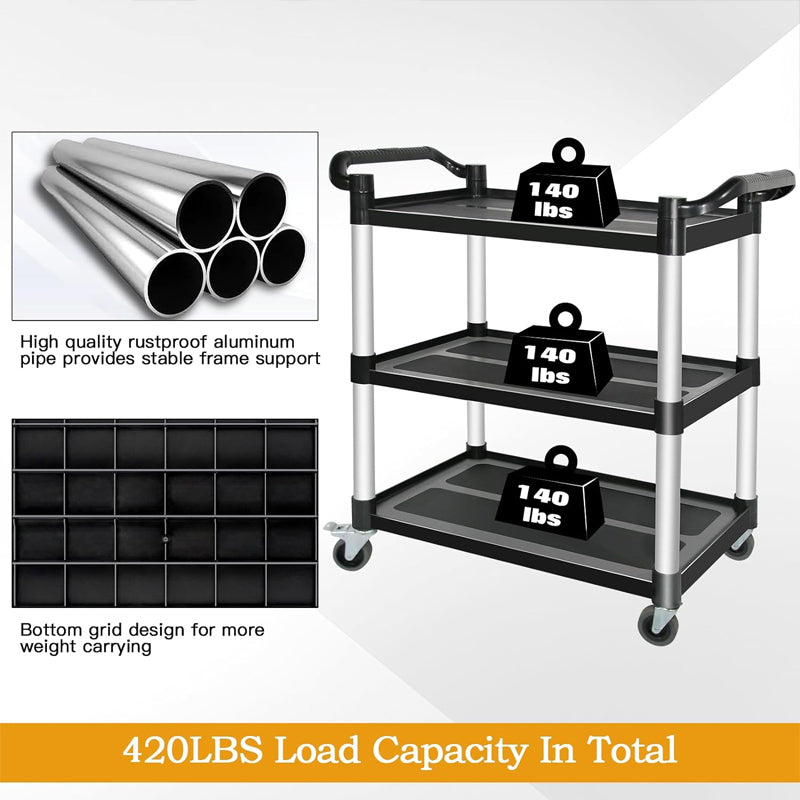 3-Tier Plastic Utility Cart 420 lbs Utility Service Cart with Lockable Wheels for Warehouse Kitchen