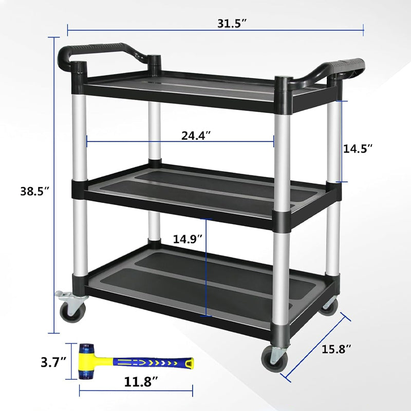 3-Tier Plastic Utility Cart 420 lbs Utility Service Cart with Lockable Wheels for Warehouse Kitchen