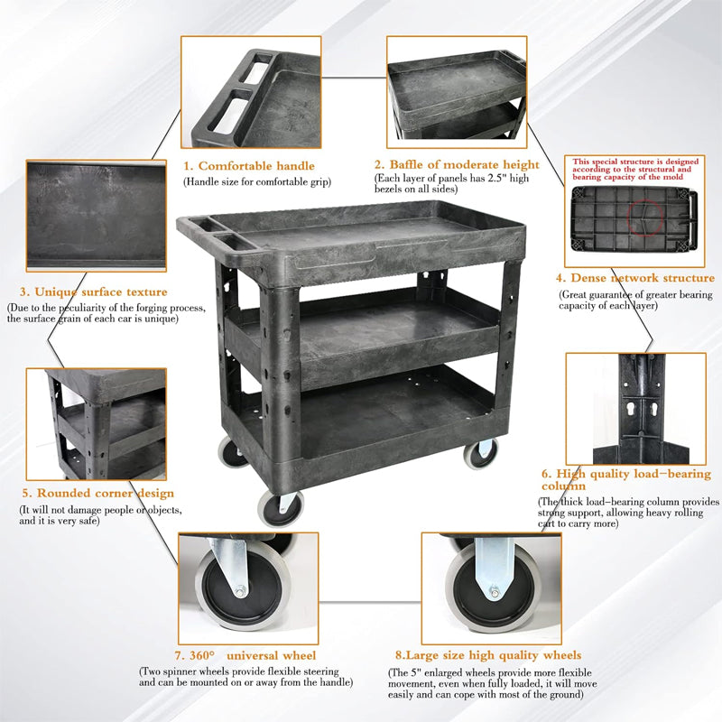 600 lbs 3 Shelf Utility Cart Rolling Cart with Brake Wheels Plastic Rolling Utility Cart Utility Service Cart