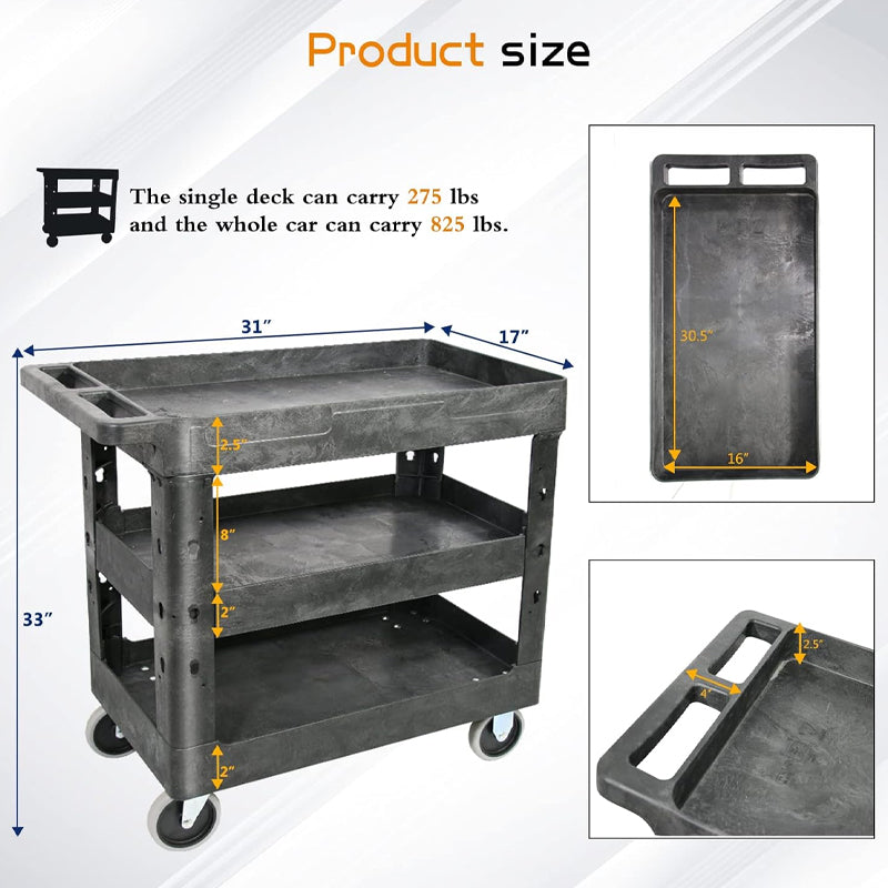 600 lbs 3 Shelf Utility Cart Rolling Cart with Brake Wheels Plastic Rolling Utility Cart Utility Service Cart