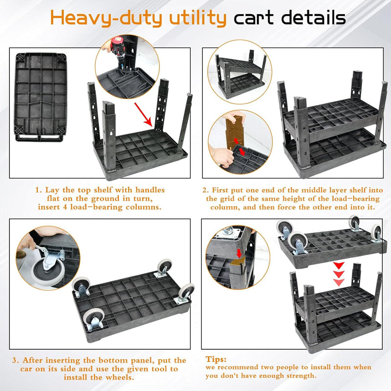 600 lbs 3 Shelf Utility Cart Rolling Cart with Brake Wheels Plastic Rolling Utility Cart Utility Service Cart