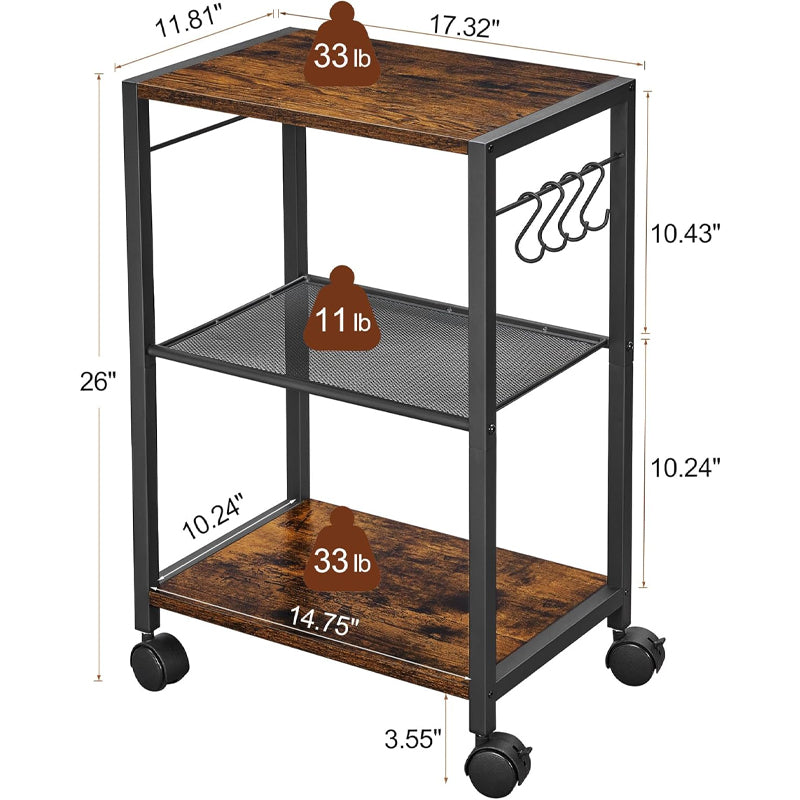 Printer Stand with Storage Shelves and Hooks 3 Tier Printer Stand Height Adjustable Printer Cart