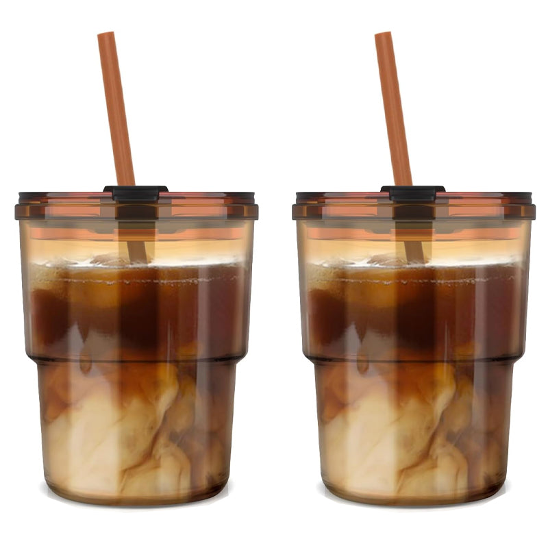 400ml/13oz Coffee Glass with Straw and Lid Sealed Carry-On Glass Coffee Cup Water Glass