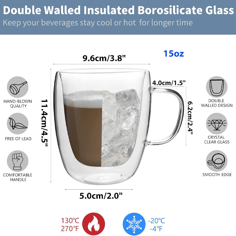 450ml 15oz Insulated Coffee Glass Borosilicate Glass Coffee Mug Classic Glass Cup