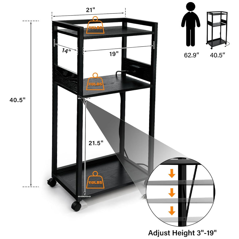 Movable Printer Stand Adjustable Storage Shelf Rack 3-Tier Rolling Printer Cart for Fax Scanner File Book