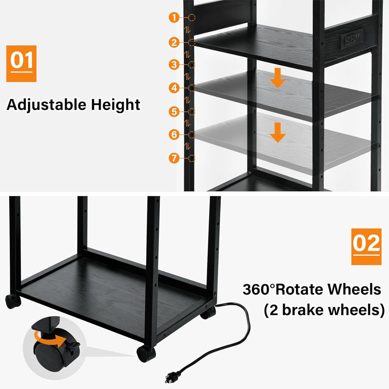 Movable Printer Stand Adjustable Storage Shelf Rack 3-Tier Rolling Printer Cart for Fax Scanner File Book