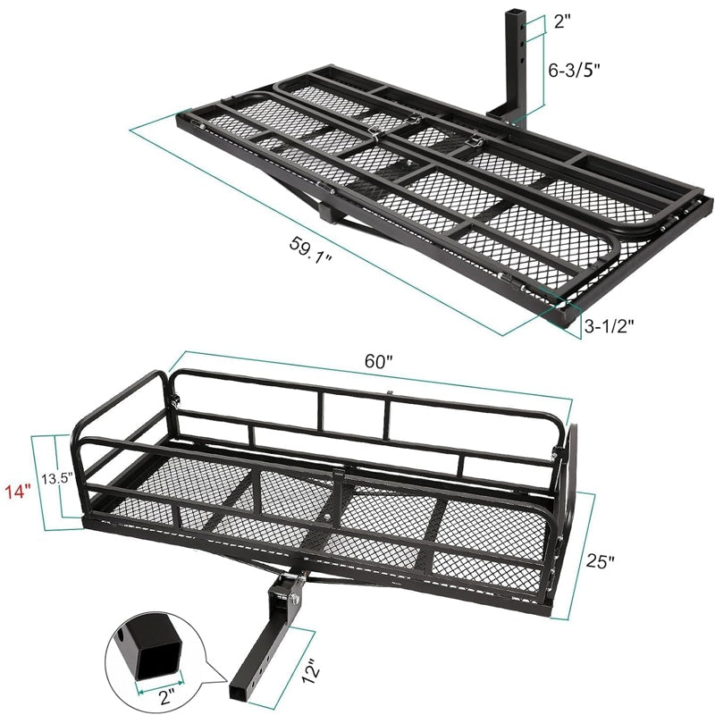 60" × 24" × 14" Hitch Cargo Carrier Folding Trailer Hitch Mount Cargo Rack 400lbs Loading Capacity