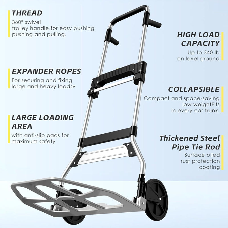 340 lbs Folding Hand Truck Aluminum Portable Dolly Cart with Telescoping Handle and Rubber Wheels