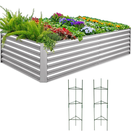 8x4x2 ft Galvanized Raised Garden Bed with 2 Tomato Cages for Outdoor Vegetable Flower