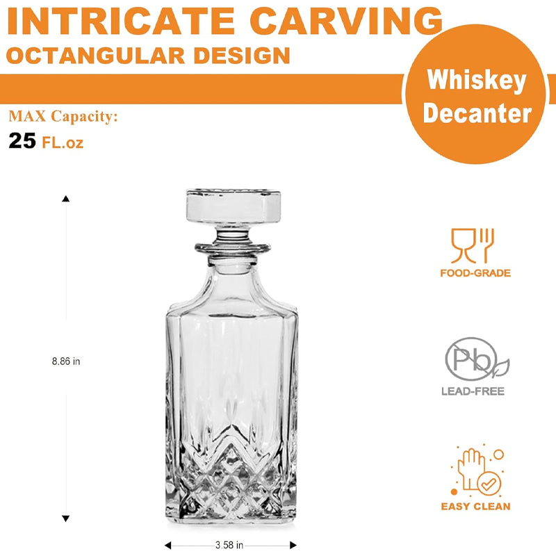 Square Whiskey Decanter 750ml/25oz Lead-Free Glass Decanter with Stopper Spirits Decanter