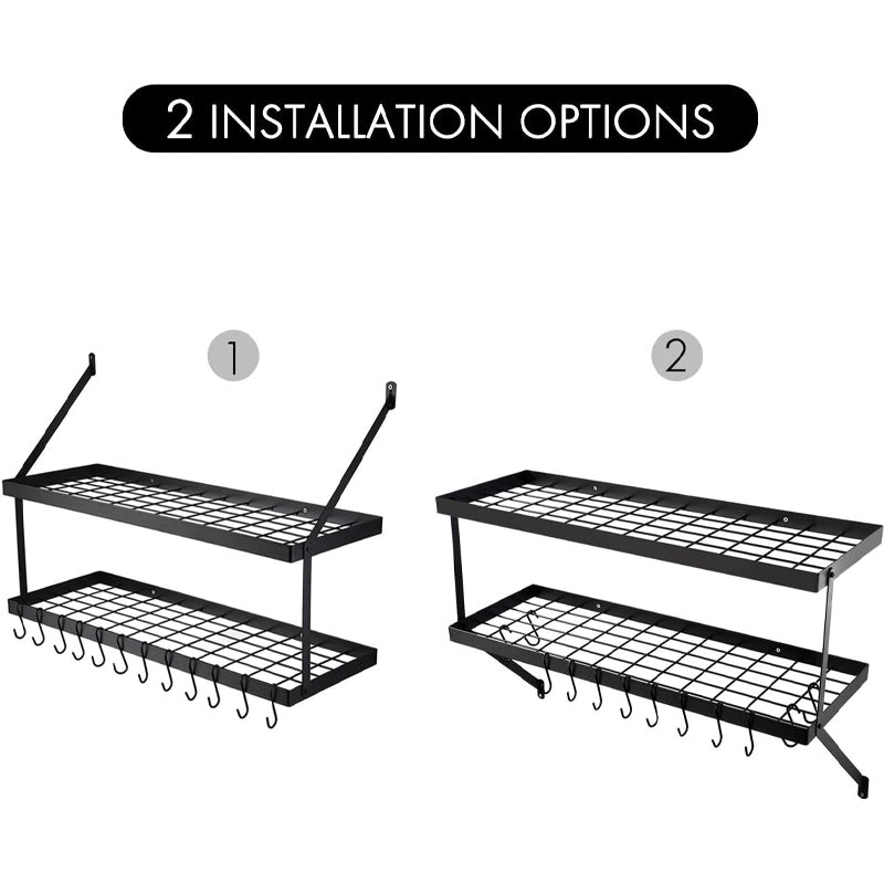 30-Inch Pot Rack Wall Mounted Hanging Rack Pot Organizer Black with 12 S-Hooks