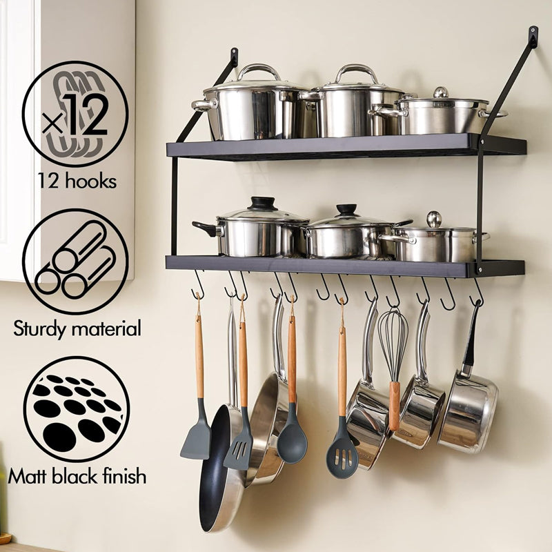 30-Inch Pot Rack Wall Mounted Hanging Rack Pot Organizer Black with 12 S-Hooks