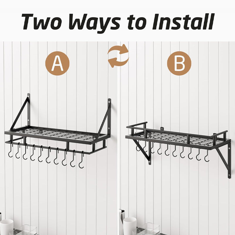 24 Inch Kitchen Pot Rack Wall Mounted Rust Resistant Hanging Rack With 10pcs Hooks