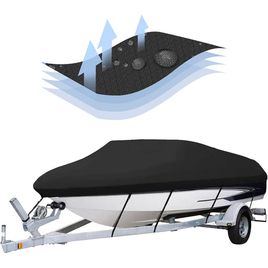 14'-16' 210D Boat Cover Oxford Fabric Trailerable Boat Cover Waterproof Mooring Cover with Strap Black