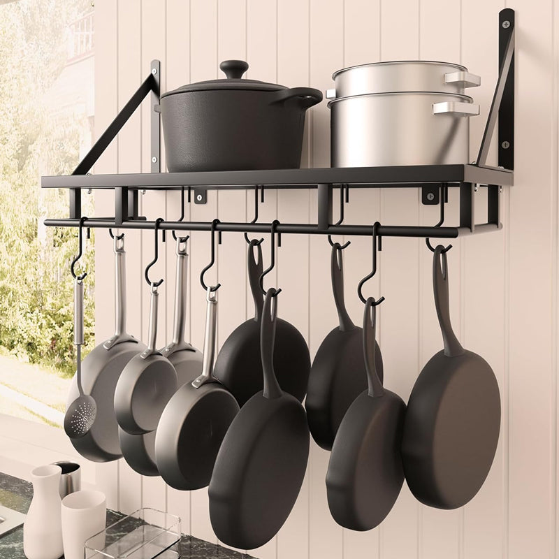24 Inch Kitchen Pot Rack Wall Mounted Rust Resistant Hanging Rack With 10pcs Hooks