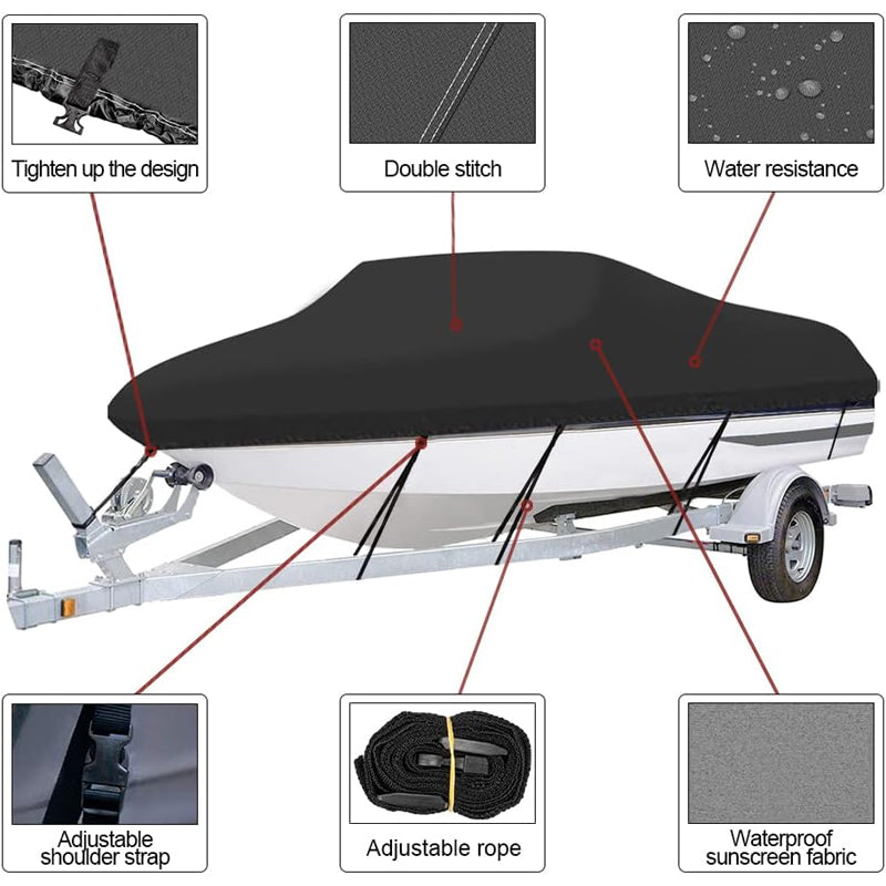 14'-16' 210D Boat Cover Oxford Fabric Trailerable Boat Cover Waterproof Mooring Cover with Strap Black